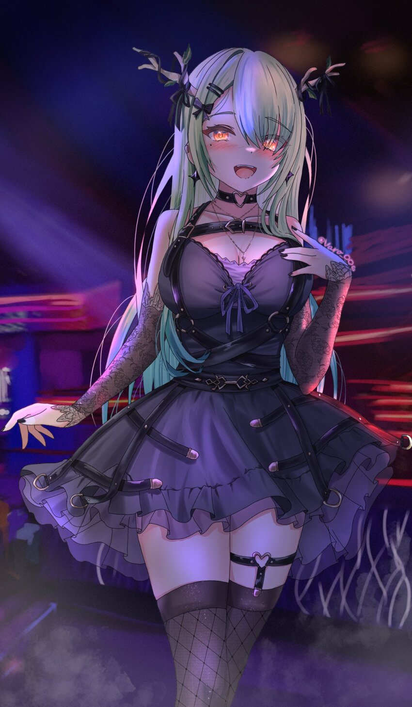 1girl, absurdres, antler_grab, antler_ornament, antler_ribbon, antlers, black_bow, black_choker