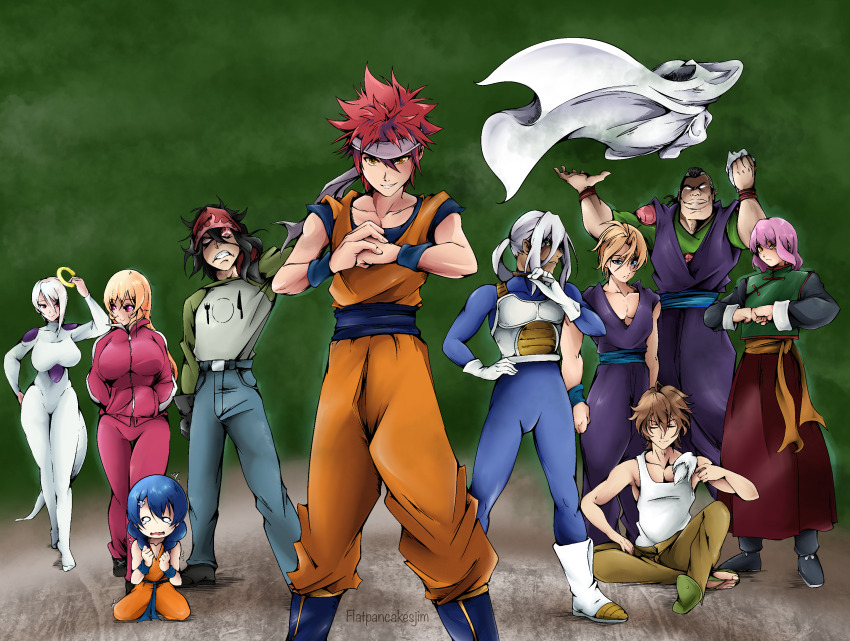 10s, accessories, android_17, android_18, arato_hisako, arena, cosplay, crossover, dark_background, dragon_ball, dragon_ball_super, everyone, flatpancakesjim, frieza, hayama_akira, highres, isshiki_satoshi, kuririn, kurokiba_ryou, mimasaka_subaru, multiple_boys, multiple_girls, muten_roushi, nakiri_alice, nakiri_erina, piccolo, shokugeki_no_souma, simple_background, sitting, son_gohan, son_goku, stage, tadokoro_megumi, takumi_aldini, tenshinhan, tournament_of_power, vegeta, walking, yukihira_souma