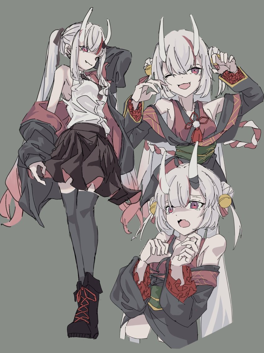 1girl, black_jacket, black_kimono, black_shoes, black_thighhighs, double_bun, fang, grey_hair