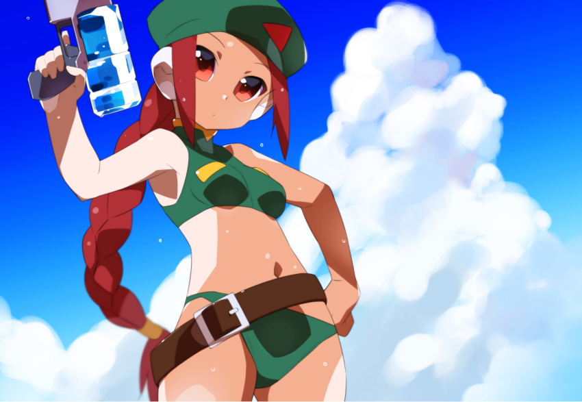 1girl, belt, beret, bikini, braid, breasts, cloud, commentary_request, green_bikini, green_hat, hat, holding, holding_water_gun, kaidou_zx, long_hair, looking_at_viewer, mega_man_(series), mega_man_zero_(series), navel, red_eyes, red_hair, robot_ears, sky, small_breasts, soolo, swimsuit, unnamed_female_soldier_(mega_man_zero), water_gun