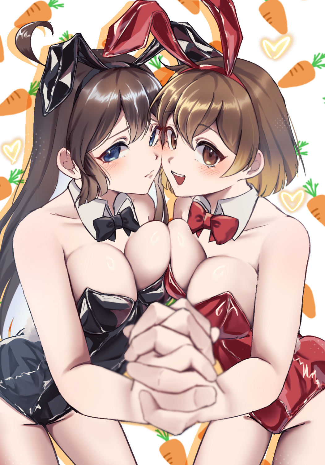 2girls, animal_ears, breasts, brown_hair, carrot, detached_collar, fake_animal_ears, highres