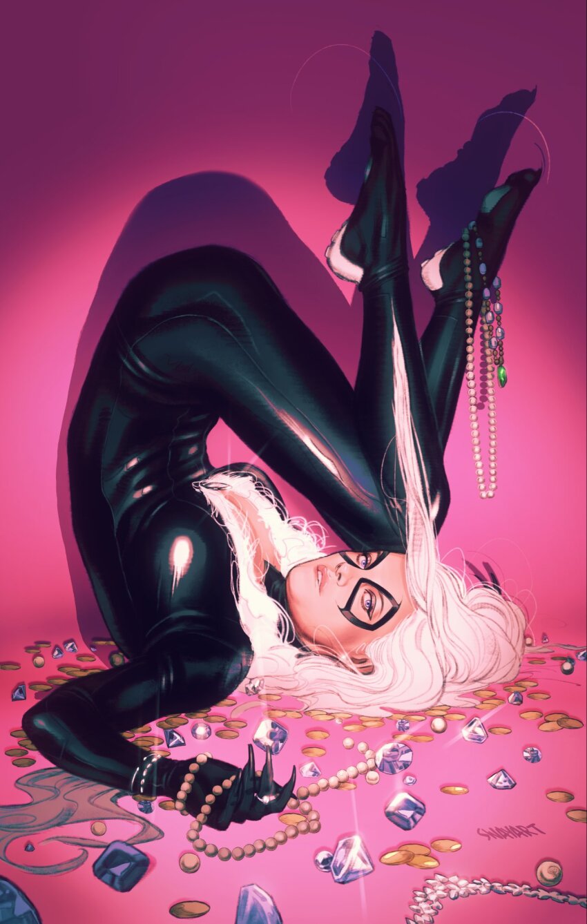 1girl, black_bodysuit, black_cat, black_cat_(marvel), blue_eyes, bodysuit, breasts, cat, claws, cleavage, coin, domino_mask, eye_mask, felicia_hardy, gem, highres, jewelry, jswayart, long_hair, looking_at_viewer, marvel, mask, medium_breasts, necklace, solo, spider-man_(series), upside-down, white_hair