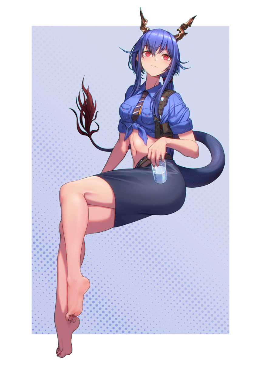 1girl, arknights, barefoot, black_necktie, black_skirt, blue_hair, blue_shirt, breasts