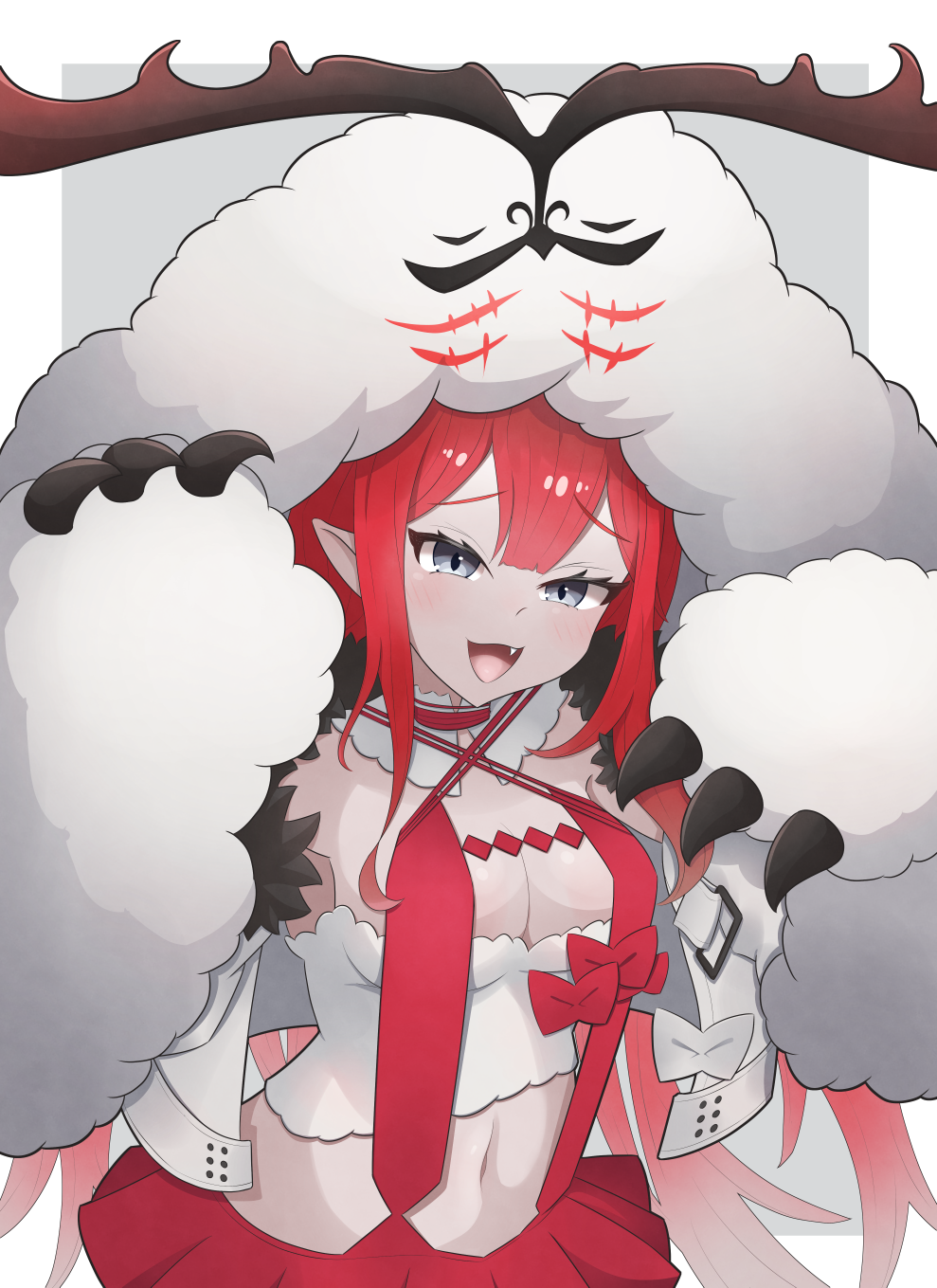 1girl, baobhan_sith_(fate), baobhan_sith_(swimsuit_pretender)_(first_ascension)_(fate), blush, border, bow, breasts, cernunnos_(fate)