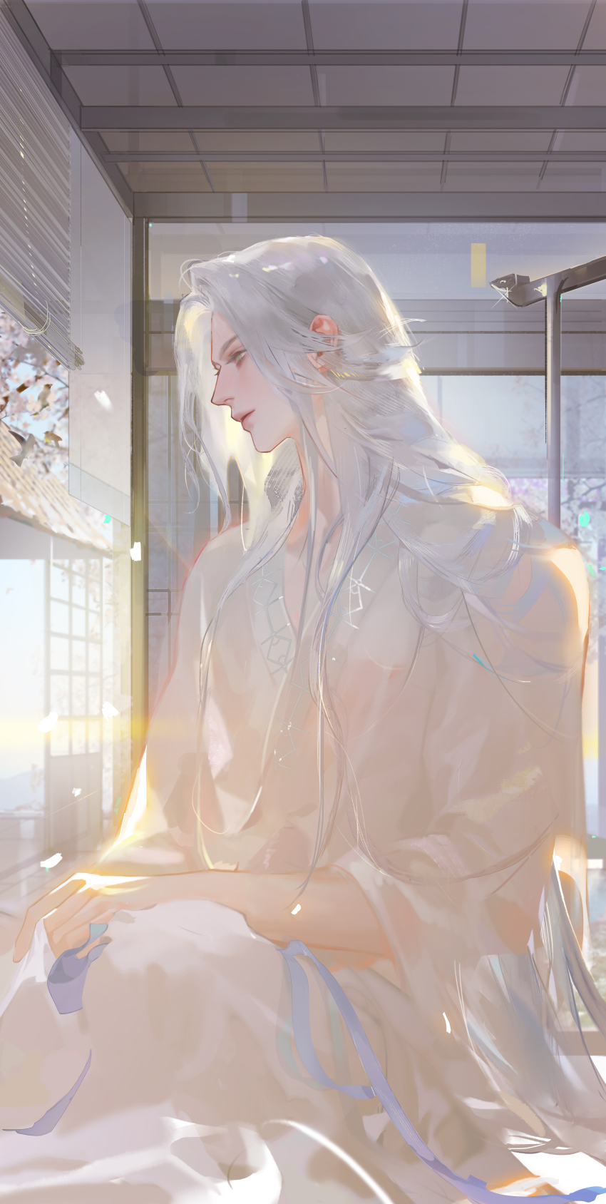 1boy, absurdres, architecture, bamboo_screen, bloodybeni, blue_ribbon, ceiling, character_request