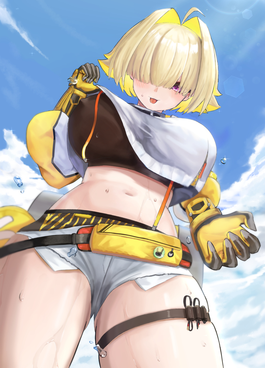 1girl, absurdres, black_gloves, black_sports_bra, blonde_hair, blue_sky, cloud, cloudy_sky, commentary, crop_top, crop_top_overhang, denim, denim_shorts, elegg_(nikke), from_below, gloves, goddess_of_victory:_nikke, green_hair, grey_shorts, hair_over_eyes, highres, just_tume, long_bangs, micro_shorts, multicolored_gloves, multicolored_hair, navel, outdoors, purple_eyes, shirt, short_hair, short_shorts, shorts, sky, solo, sports_bra, stomach, streaked_hair, sweat, thick_thighs, thigh_strap, thighs, tongue, tongue_out, two-tone_gloves, white_shirt, yellow_gloves