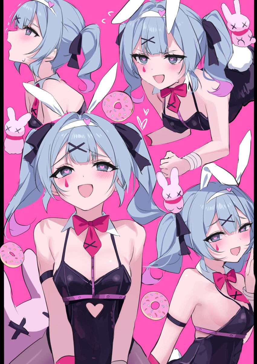 1girl, absurdres, animal_ears, aqua_eyes, aqua_hair, armband, black_armband, black_leotard, blue_hair, bow, bowtie, breasts, clothing_cutout, cutout_above_navel, detached_collar, donut, facial_mark, fake_animal_ears, food, from_side, hair_ornament, hairband, hashtag-only_commentary, hatsune_miku, heart, heart-shaped_pupils, heart_cutout, highres, iruka3, leotard, medium_breasts, multiple_views, naughty_face, necktie, open_mouth, pink_background, pink_hair, pure_pure_(rabbit_hole), rabbit_ears, rabbit_hole_(vocaloid), red_bow, red_bowtie, red_necktie, short_necktie, simple_background, stuffed_animal, stuffed_rabbit, stuffed_toy, symbol-shaped_pupils, teardrop_facial_mark, twintails, v-shaped_eyebrows, vocaloid, wavy_hair, white_hairband, x_hair_ornament, x_x