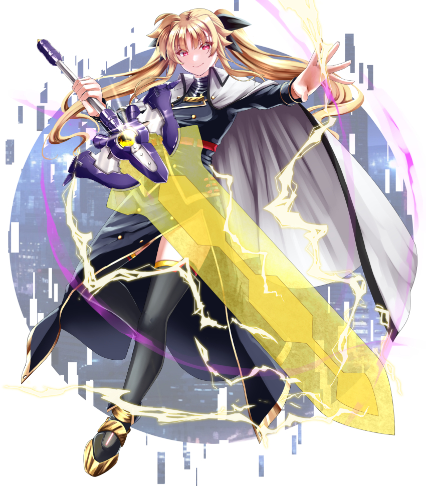 1girl, bardiche_(nanoha), bardiche_(riot_blade_ii)_(nanoha), bardiche_(riot_zanber_ii)_(nanoha), belt, black_bow, black_thighhighs, blonde_hair