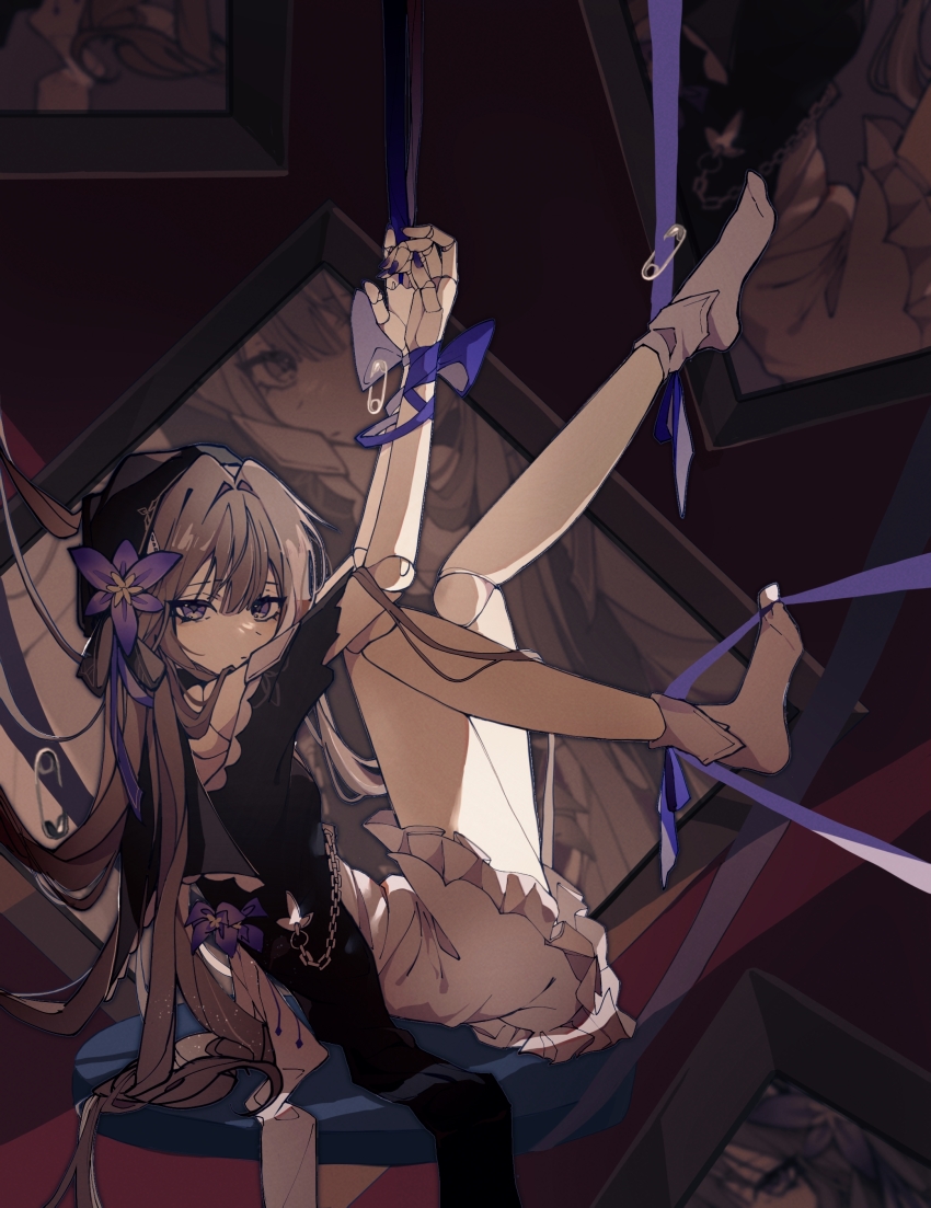 1girl, absurdres, arms_up, bad_bcy_id, bad_id, bare_legs, bare_shoulders, beret, black_hat, black_jacket, bound, bound_wrists, brown_hair, chain, chinese_commentary, closed_mouth, commentary_request, doll_joints, dress, expressionless, fei_zhan, flower, frilled_dress, frills, full_body, hair_flower, hair_intakes, hair_ornament, hat, herta_(puppet)_(honkai:_star_rail), highres, honkai:_star_rail, honkai_(series), jacket, joints, legs_up, light_particles, long_hair, looking_at_viewer, looking_to_the_side, no_shoes, picture_frame, purple_eyes, purple_flower, purple_nails, purple_ribbon, red_background, restrained, ribbon, safety_pin, sitting, socks, solo, very_long_hair, white_dress, white_socks