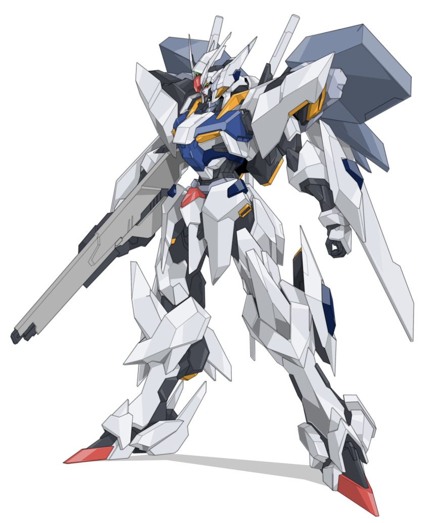 arm_at_side, beam_rifle, beastkingbarbaros, commentary, energy_gun, full_body, green_eyes, gun, gundam, highres, holding, holding_gun, holding_weapon, mecha, mobile_suit, no_humans, original, robot, science_fiction, shadow, simple_background, solo, standing, v-fin, weapon, white_background