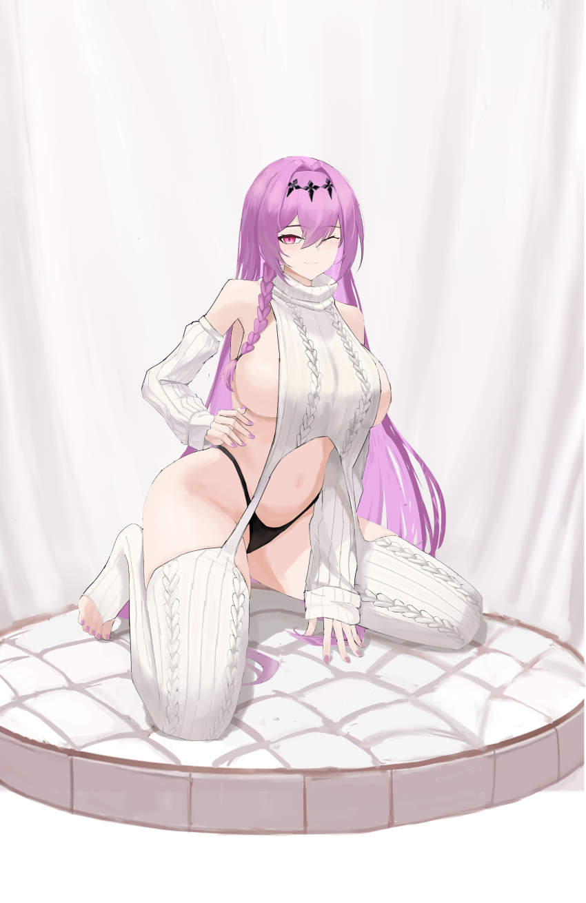 1girl, absurdres, azur_lane, bare_shoulders, black_panties, braid, breasts, closed_mouth, detached_sleeves, hair_between_eyes, hair_intakes, hair_ornament, hand_on_own_hip, highres, kneeling, large_breasts, light_blush, long_hair, looking_at_viewer, navel, one_eye_closed, panties, poltava_(azur_lane), purple_hair, purple_nails, red_eyes, smile, solo, stomach, suo_bu_ye_feng, underwear, very_long_hair, virgin_destroyer_sweater