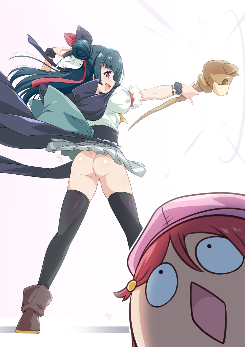 2girls, ass, black_thighhighs, blue_hair, boots, bunji, butt_crack, capelet, chibi, clothes_lift, commentary, feather_hair_ornament, feathers, floating_hair, genjitsu_no_yohane, hair_bun, hair_ornament, hairclip, hat, highres, holding, holding_staff, legs_apart, long_hair, looking_up, love_live!, love_live!_sunshine!!, multiple_girls, open_mouth, outstretched_arm, panties, pink_headwear, red_eyes, red_hair, riko_(genjitsu_no_yohane), sakurauchi_riko, shiny_skin, signature, skirt, skirt_lift, smile, staff, standing, thighhighs, thong, tsushima_yoshiko, underwear, white_background, white_panties, wind, wind_lift, yohane_(genjitsu_no_yohane)