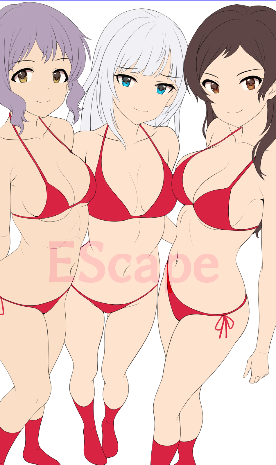 3girls, armpit_crease, baji_toufuu_(bajitohfu), bare_arms, bare_shoulders, bikini, blue_eyes, breasts, brown_hair, closed_mouth, collarbone, commentary_request, dot_nose, escape_(idolmaster), eyelashes, flat_color, from_above, hair_over_shoulder, highres, idolmaster, idolmaster_million_live!, idolmaster_million_live!_theater_days, kitazawa_shiho, long_hair, looking_at_viewer, makabe_mizuki, medium_breasts, multiple_girls, navel, no_shoes, official_style, purple_hair, raised_eyebrows, red_bikini, red_socks, shiraishi_tsumugi, short_bangs, short_hair, side-tie_bikini_bottom, sidelocks, simple_background, smile, socks, swimsuit, tareme, tsurime, unfinished, wavy_hair, white_background, white_hair, yellow_eyes