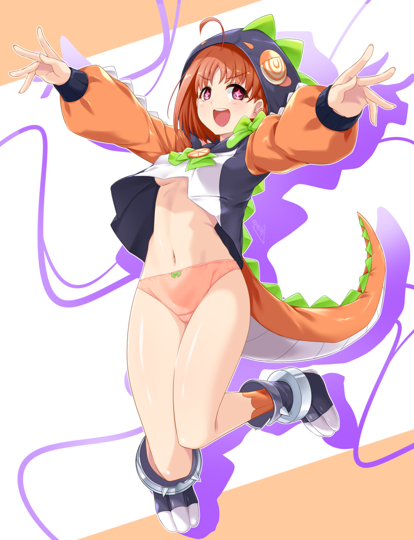 1girl, ahoge, black_hood, bow, bow_panties, bowtie, breasts, bunji, chika_(genjitsu_no_yohane), diamond-shaped_pupils, diamond_(shape), dinosaur_costume, dinosaur_hood, dinosaur_tail, evil_smile, genjitsu_no_yohane, green_bow, highres, long_sleeves, love_live!, love_live!_sunshine!!, medium_breasts, medium_hair, multicolored_background, navel, nightwicked_(genjitsu_no_yohane), nightwicked_chika, no_bra, no_pants, open_mouth, orange_hair, orange_panties, orange_sleeves, orange_socks, orange_tail, outstretched_arms, panties, red_eyes, signature, smile, socks, solo, symbol-shaped_pupils, tail, takami_chika, underboob, underwear