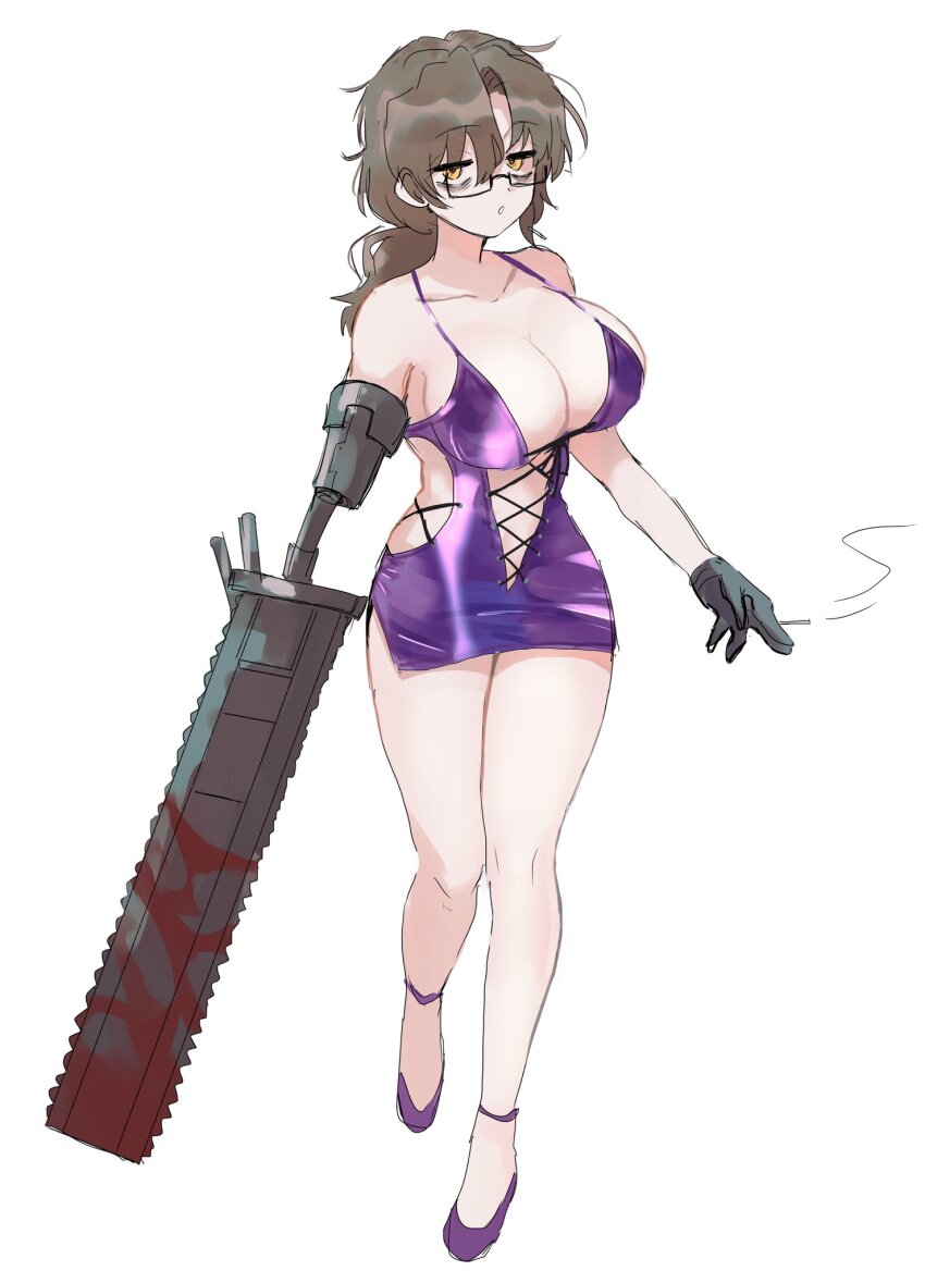 1girl, black_gloves, bodycon, breasts, brown_hair, cigarette, dress, full_body, genderswap, genderswap_(mtf), glasses, gloves, gregor_(project_moon), highres, holding, holding_cigarette, huge_breasts, kikkoinu, limbus_company, long_hair, looking_at_viewer, low_ponytail, mechanical_arms, parted_bangs, ponytail, project_moon, purple_dress, purple_shoes, saw, shoes, single_mechanical_arm, solo, yellow_eyes