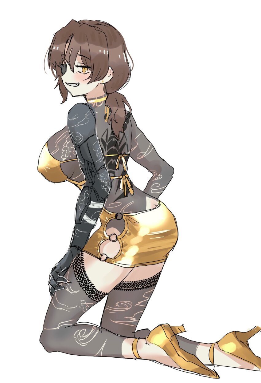 1girl, arm_tattoo, back_tattoo, backless_dress, backless_outfit, breasts, brown_hair, cloud_tattoo