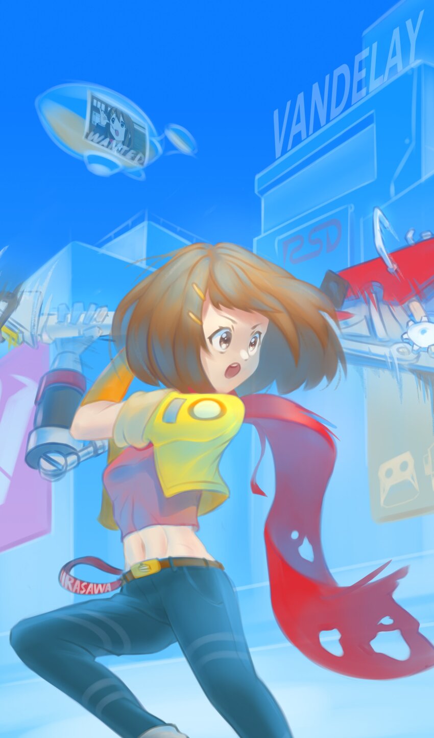 1girl, :o, absurdres, belly, brown_eyes, brown_hair, chai_(hi-fi_rush), cloak