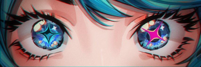 1girl, blue_eyes, blue_hair, close-up, eye_banner_(trend), eye_focus, eyelashes, gwen_(league_of_legends), heterochromia, league_of_legends, looking_at_viewer, shameichi, solo, straight-on, thick_eyelashes