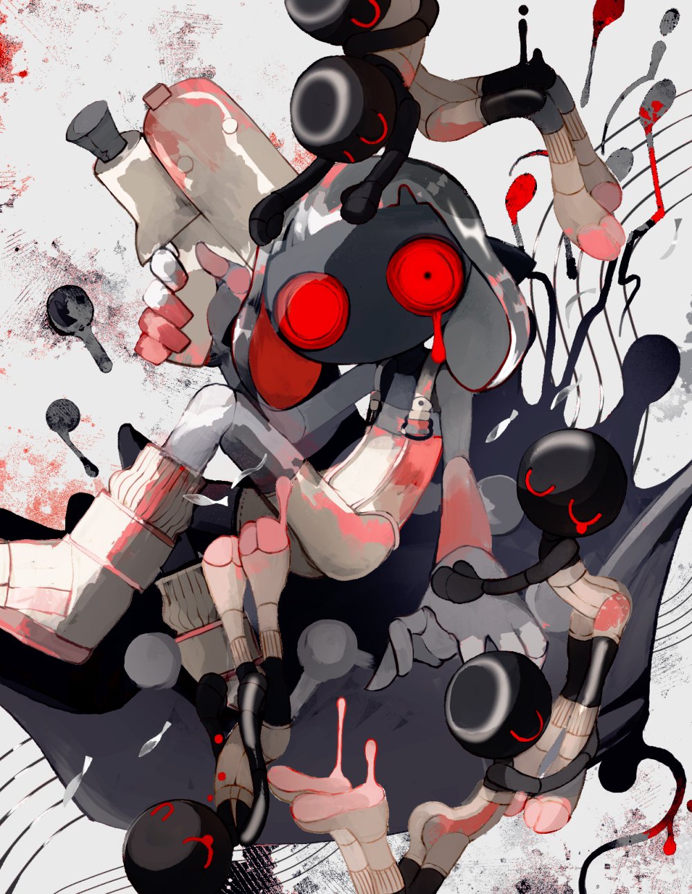 6+girls, agent_4_(splatoon), blunt_bangs, bodysuit, boots, commentary, dripping, dripping_eye