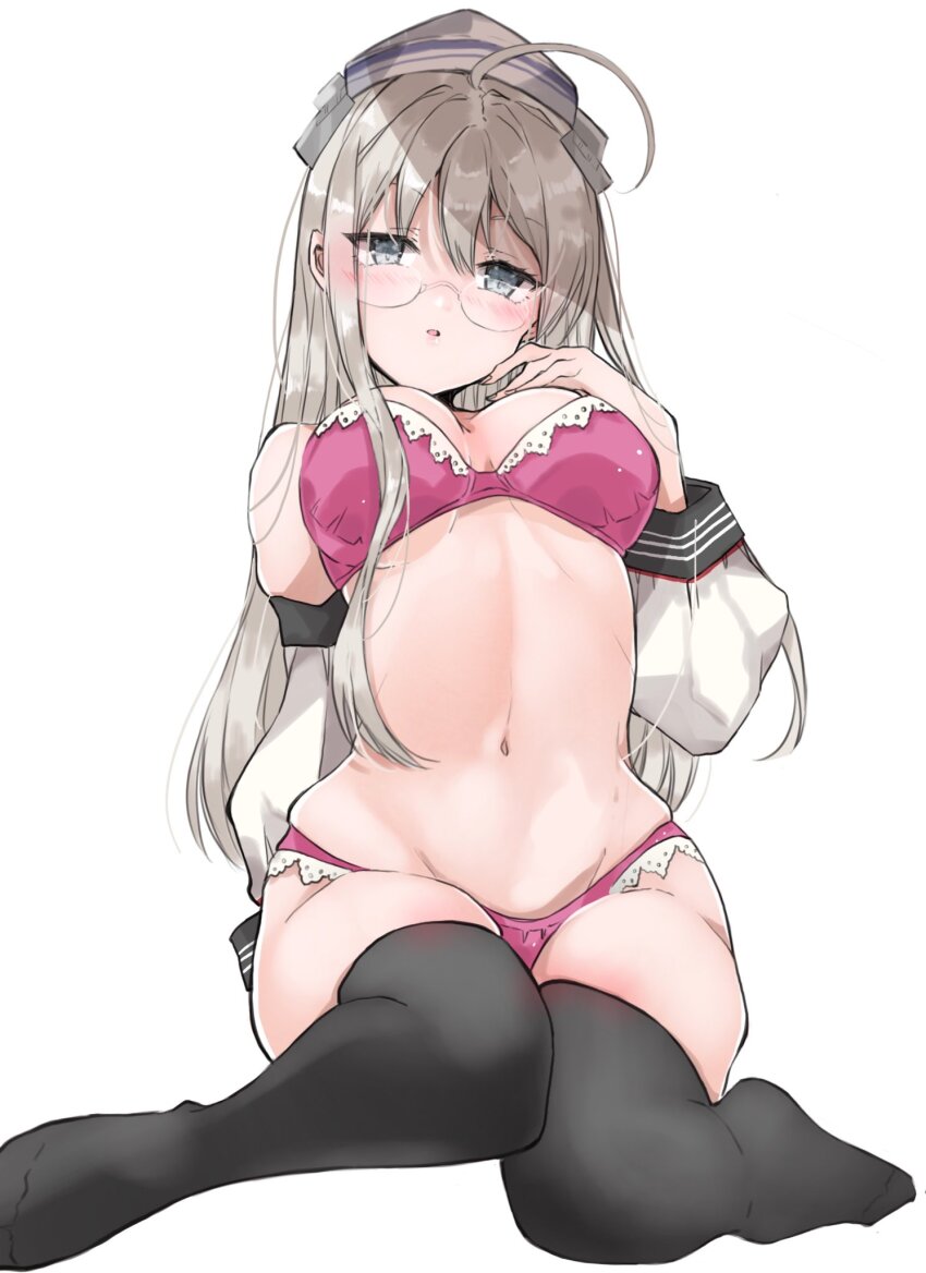 1girl, ahoge, black_thighhighs, blonde_hair, blush, bra, breasts, breasts_apart