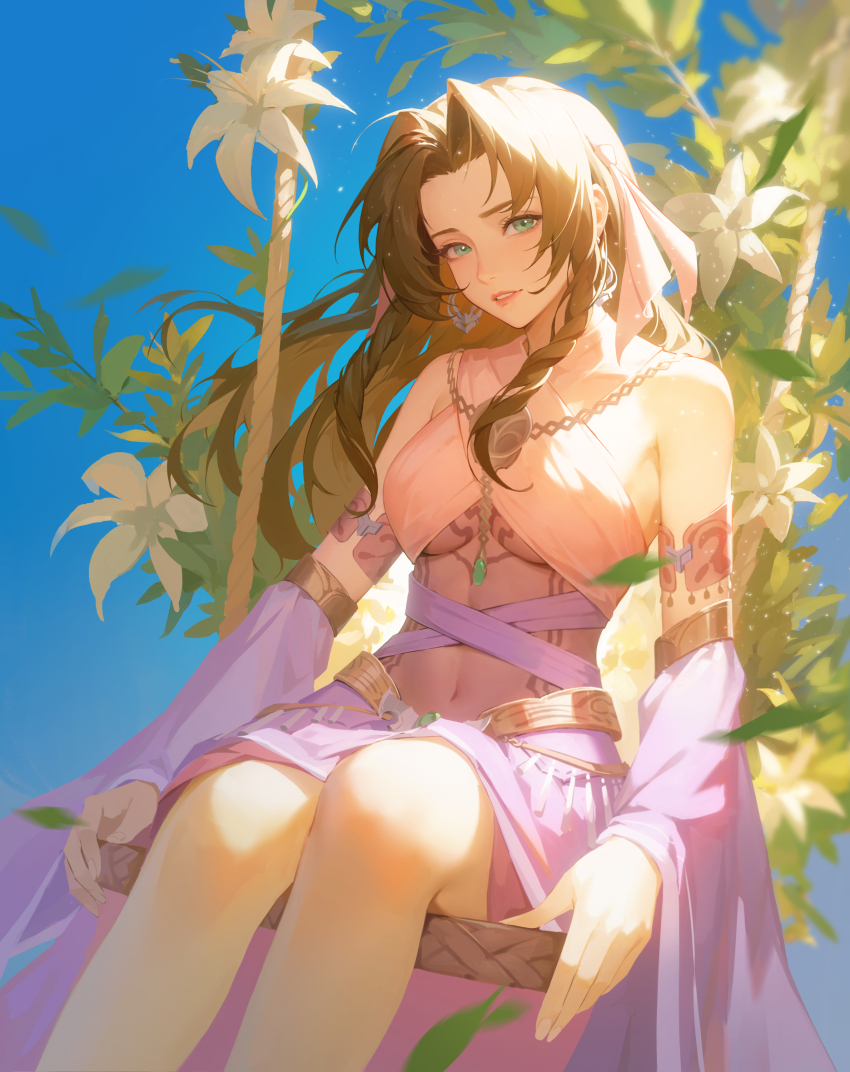 1girl, absurdres, aerith_gainsborough, alternate_costume, bodystocking, breasts, brown_hair, detached_sleeves