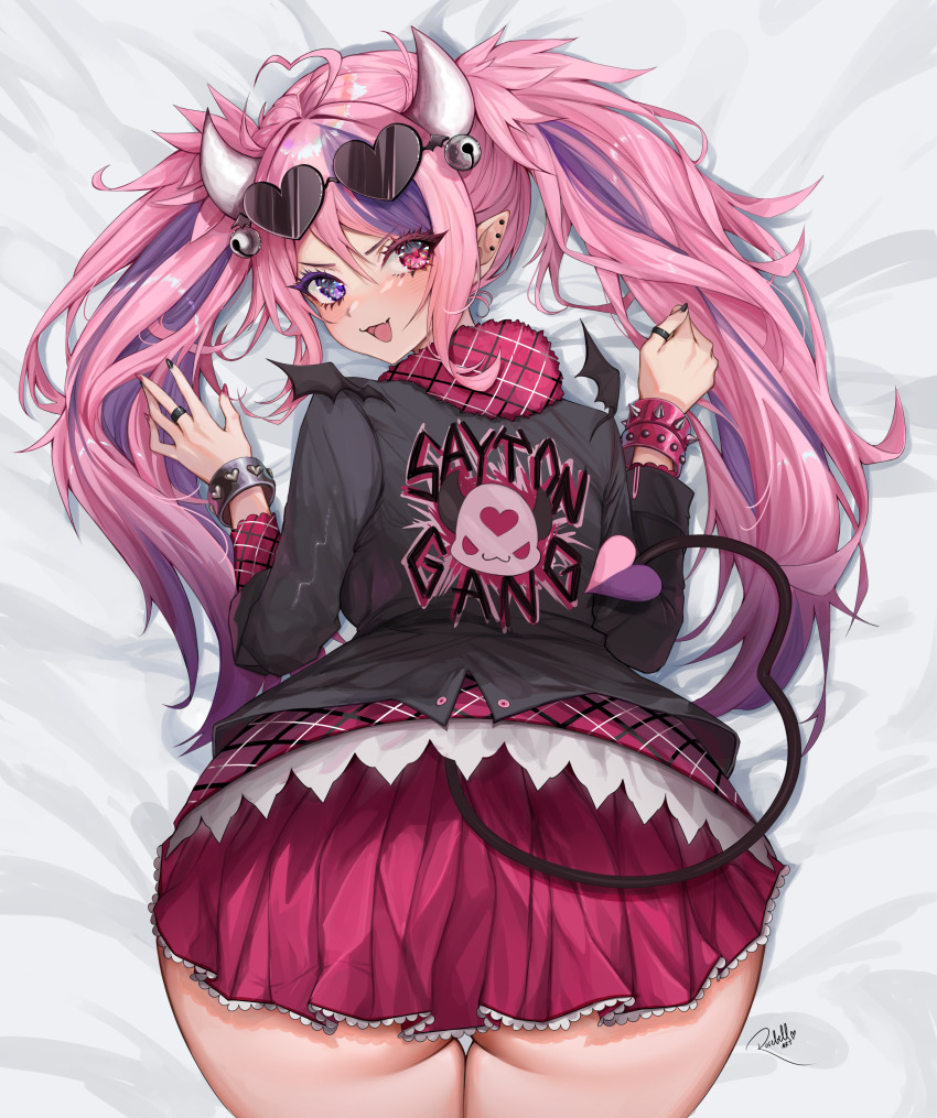 1girl, absurdres, ahoge, ass, blush, bracelet, demon_girl, demon_horns, demon_tail, eyewear_on_head, fang, heart, heart-shaped_eyewear, heart_ahoge, heterochromia, highres, horns, ironmouse, ironmouse_(school_uniform), jewelry, long_hair, looking_at_viewer, multicolored_hair, open_mouth, pink_hair, pink_skirt, pointy_ears, purple_eyes, purple_hair, red_eyes, rosebell, skin_fang, skirt, solo, spiked_bracelet, spikes, streaked_hair, tail, top-down_bottom-up, virtual_youtuber, vshojo