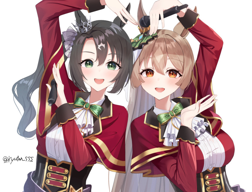 2girls, animal_ears, ascot, blush, bow, braid, breasts, brown_hair, commentary_request, corset, ear_ornament, green_bow, green_eyes, hair_between_eyes, hair_ornament, holding, holding_microphone, horse_ears, horse_girl, large_breasts, long_hair, long_sleeves, looking_at_viewer, lryutanl, microphone, multicolored_hair, multiple_girls, notes_of_grandeur_(umamusume), open_mouth, satono_crown_(umamusume), satono_diamond_(umamusume), simple_background, smile, streaked_hair, twitter_username, umamusume, very_long_hair, white_ascot, white_background, white_hair, yellow_eyes