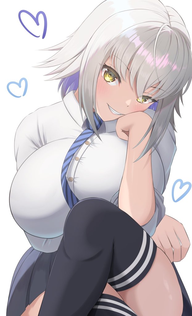 1girl, black_skirt, black_thighhighs, blue_necktie, breasts, collared_shirt, head_rest, heart, isolatte, jeanne_d'arc_alter_(fate), large_breasts, looking_at_viewer, necktie, sex, shirt, short_hair, skirt, smile, solo, thighhighs, virtual_youtuber, vshojo, white_background, white_hair, yellow_eyes, zentreya, zentreya_(cyborg)
