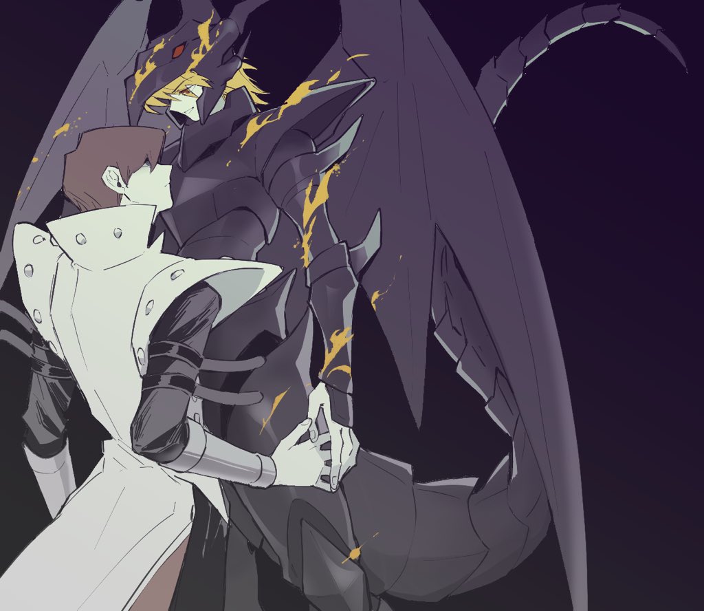 2boys, animal_helmet, arm_strap, armor, black_armor, black_background, black_pants, black_shirt, black_wings, blonde_hair, blue_eyes, bright_pupils, brown_hair, chinese_commentary, coat, codpiece, commentary, cosplay, cuirass, cuisses, dragon_boy, dragon_tail, dragon_wings, duel_monster, fire, full_armor, grin, hand_on_another's_thigh, helm, helmet, high_collar, jonouchi_katsuya, kaiba_seto, looking_down, looking_up, lord_of_the_red, male_focus, multiple_boys, pants, pauldrons, poleyn, pyrokinesis, red_eyes, shirt, short_hair, shoulder_armor, sleeveless, sleeveless_coat, smile, standing, tail, upper_body, vambraces, white_coat, wings, yaoi, yitiaodahe71, yu-gi-oh!, yu-gi-oh!_duel_monsters