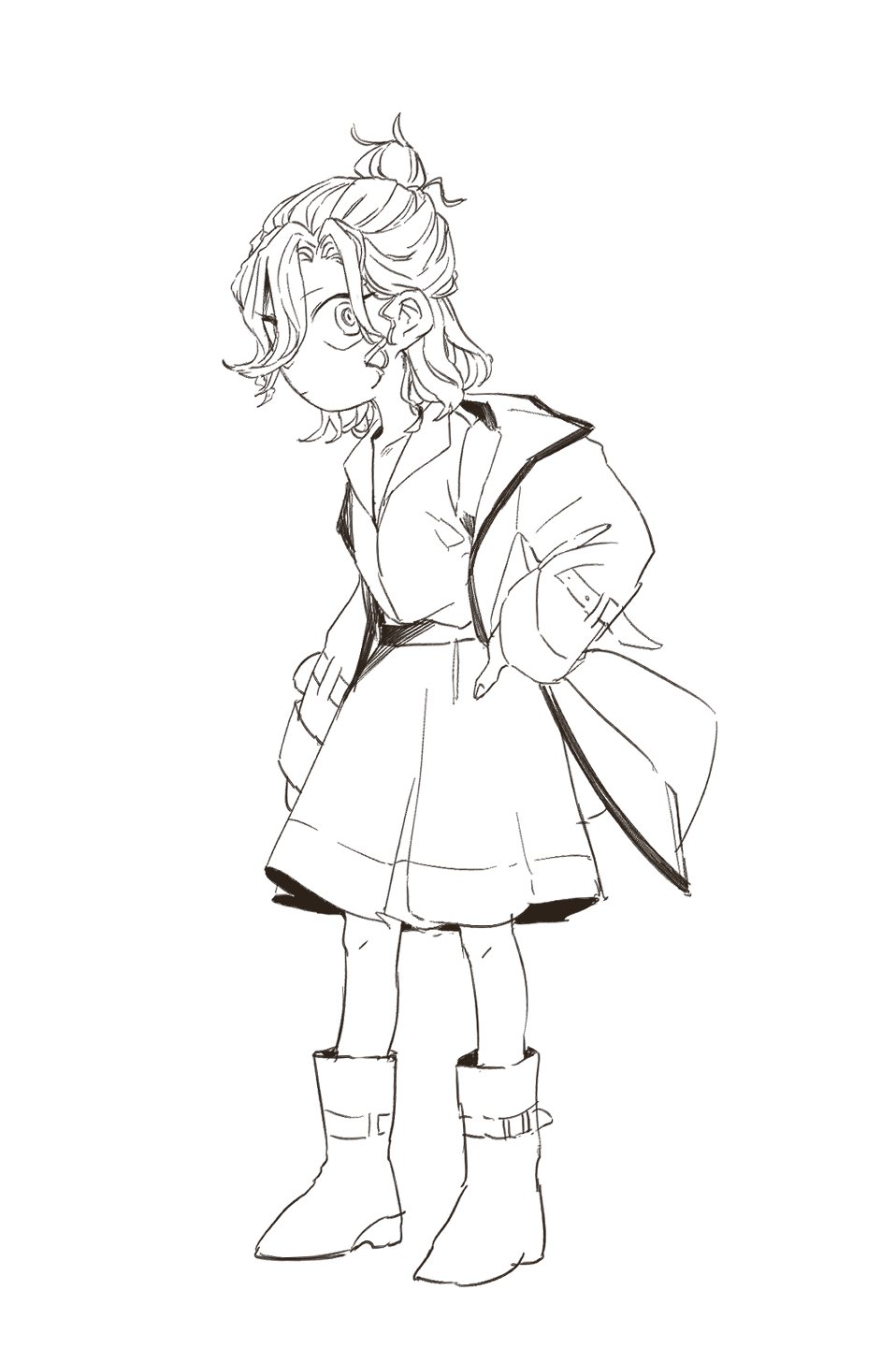 1girl, boku_to_maou, boots, closed_mouth, dress, full_body, greyscale, highres, kijima_(amayadori-tei), looking_at_viewer, monochrome, ringed_eyes, rosalyn_(boku_to_maou), short_hair, simple_background, skirt, solo, topknot, white_background