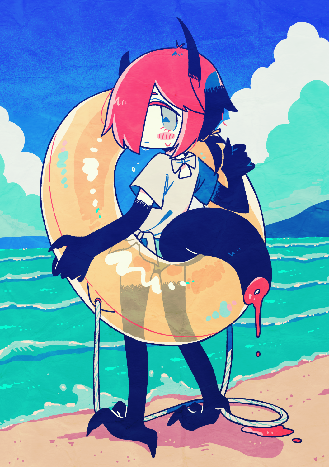 1other, aqua_panties, beach, bird_legs, black_skin, black_tail, blood, blood_drip, blue_sky, blush_stickers, broken_horn, closed_mouth, cloud, colored_skin, commentary_request, day, delta_sanen_(yaigi), from_behind, full_body, grey_eyes, grey_shirt, hair_over_one_eye, hand_up, highres, holding, holding_swim_ring, horizon, horns, innertube, looking_at_viewer, looking_back, medium_hair, multicolored_skin, nervous, ocean, one_eye_covered, original, outdoors, panties, ponytail, red_hair, shirt, short_ponytail, short_sleeves, sky, solo, standing, swim_ring, symbol-shaped_pupils, tail, triangle-shaped_pupils, two-tone_skin, underwear, water, waves, yaigi