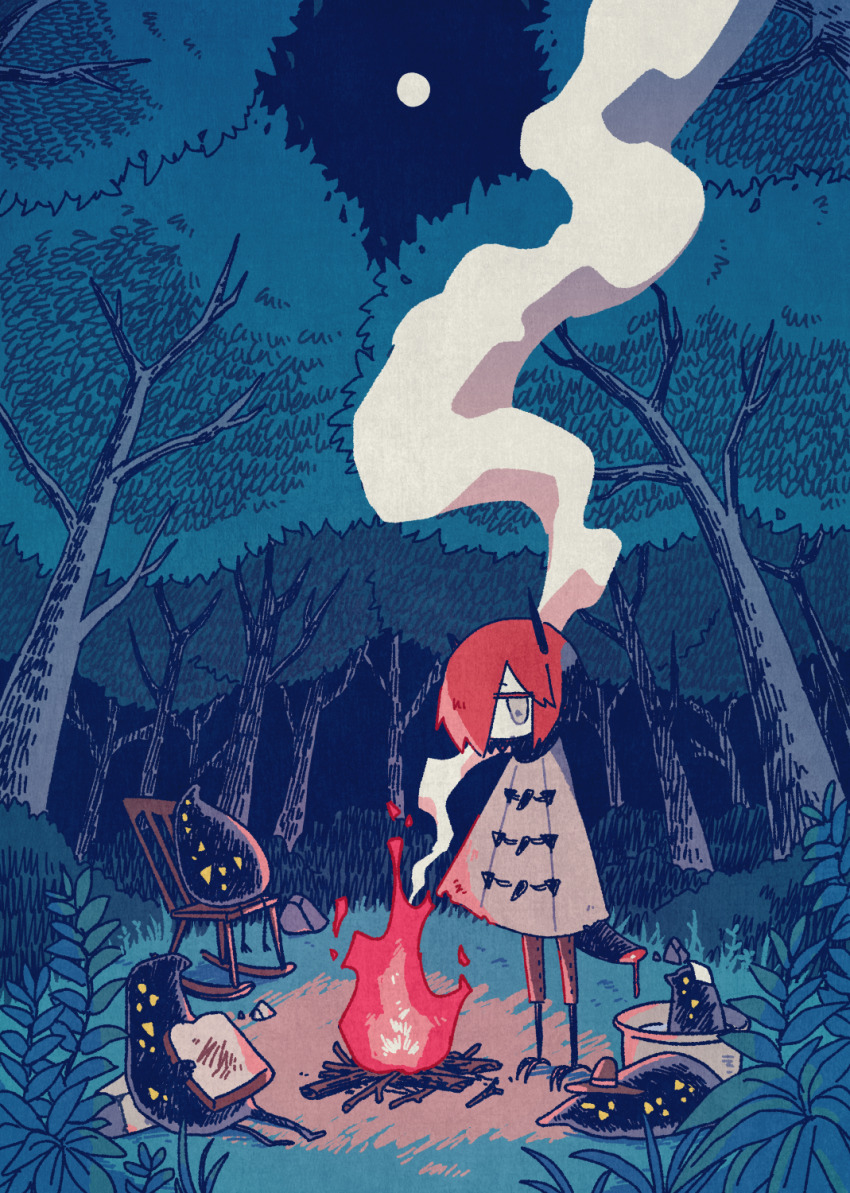 1other, bird_legs, black_tail, blood, blood_drip, bread, bread_slice, broken_horn, brown_hat, brown_pants, brown_poncho, bucket, campfire, chair, creature, delta_sanen_(yaigi), food, forest, full_moon, grey_eyes, hair_over_one_eye, hat, highres, horns, moon, nature, night, no_sclera, one_eye_covered, original, outdoors, pants, poncho, red_hair, rock, rocking_chair, short_hair, smoke, solo, standing, tree, yaigi