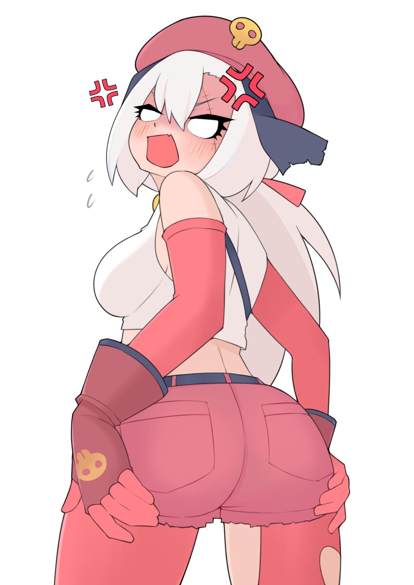 1girl, absurdres, anger_vein, ass, ass_focus, back, belt, beret, black_belt, blank_eyes, blush, breasts, commentary, cowboy_shot, crop_top, elbow_gloves, giroro_(kemono_friends), gloves, grey_hair, hair_between_eyes, hands_on_own_ass, hat, hat_ornament, highres, illu_(illu_stratos), kemono_friends, kemono_friends_3, keroro_gunsou, layered_gloves, long_hair, looking_at_viewer, low_ponytail, medium_breasts, pantyhose, ponytail, red_gloves, red_hat, red_pantyhose, red_shorts, shirt, short_shorts, shorts, simple_background, skull_hat_ornament, sleeveless, sleeveless_shirt, solo, untranslatable_commentary, torn_clothes, torn_pantyhose, white_background, white_shirt