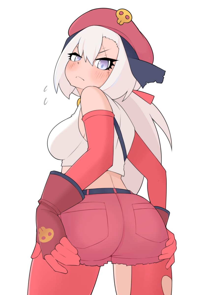 1girl, absurdres, ass, ass_focus, back, belt, beret, black_belt, blue_eyes, blush, breasts, commentary, cowboy_shot, crop_top, elbow_gloves, giroro_(kemono_friends), gloves, grey_hair, hair_between_eyes, hands_on_own_ass, hat, hat_ornament, highres, illu_(illu_stratos), kemono_friends, kemono_friends_3, keroro_gunsou, layered_gloves, long_hair, looking_at_viewer, medium_breasts, pantyhose, red_gloves, red_hat, red_pantyhose, red_shorts, shirt, short_shorts, shorts, simple_background, skull_hat_ornament, sleeveless, sleeveless_shirt, solo, torn_clothes, torn_pantyhose, white_background, white_shirt