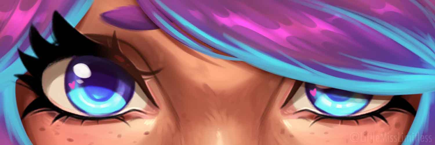 1girl, artist_name, blue_eyes, blue_hair, close-up, eye_banner_(trend), eye_focus, eyelashes, freckles, heart, jpeg_artifacts, league_of_legends, lillia_(league_of_legends), long_eyelashes, looking_at_viewer, misseslimitless, multicolored_hair, pink_hair, solo