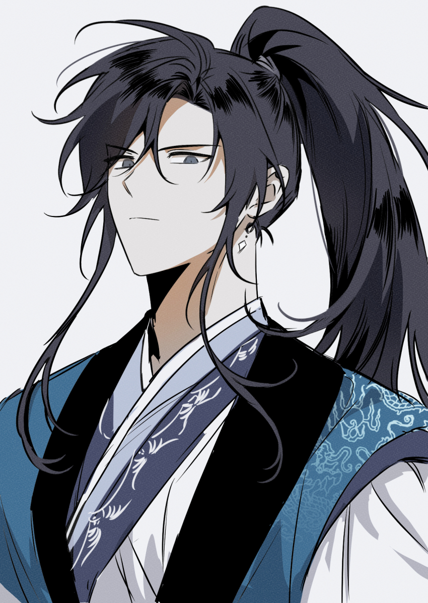 1boy, black_hair, blue_eyes, blue_hanbok, chel_(ttt_lc), chinese_clothes, earrings, expressionless, hanbok, hanfu, high_ponytail, highres, jewelry, jinhongi, korean_clothes, korean_commentary, long_hair, looking_at_viewer, male_focus, ponytail, seo_geom, simple_background, solo, white_background, zhijupao