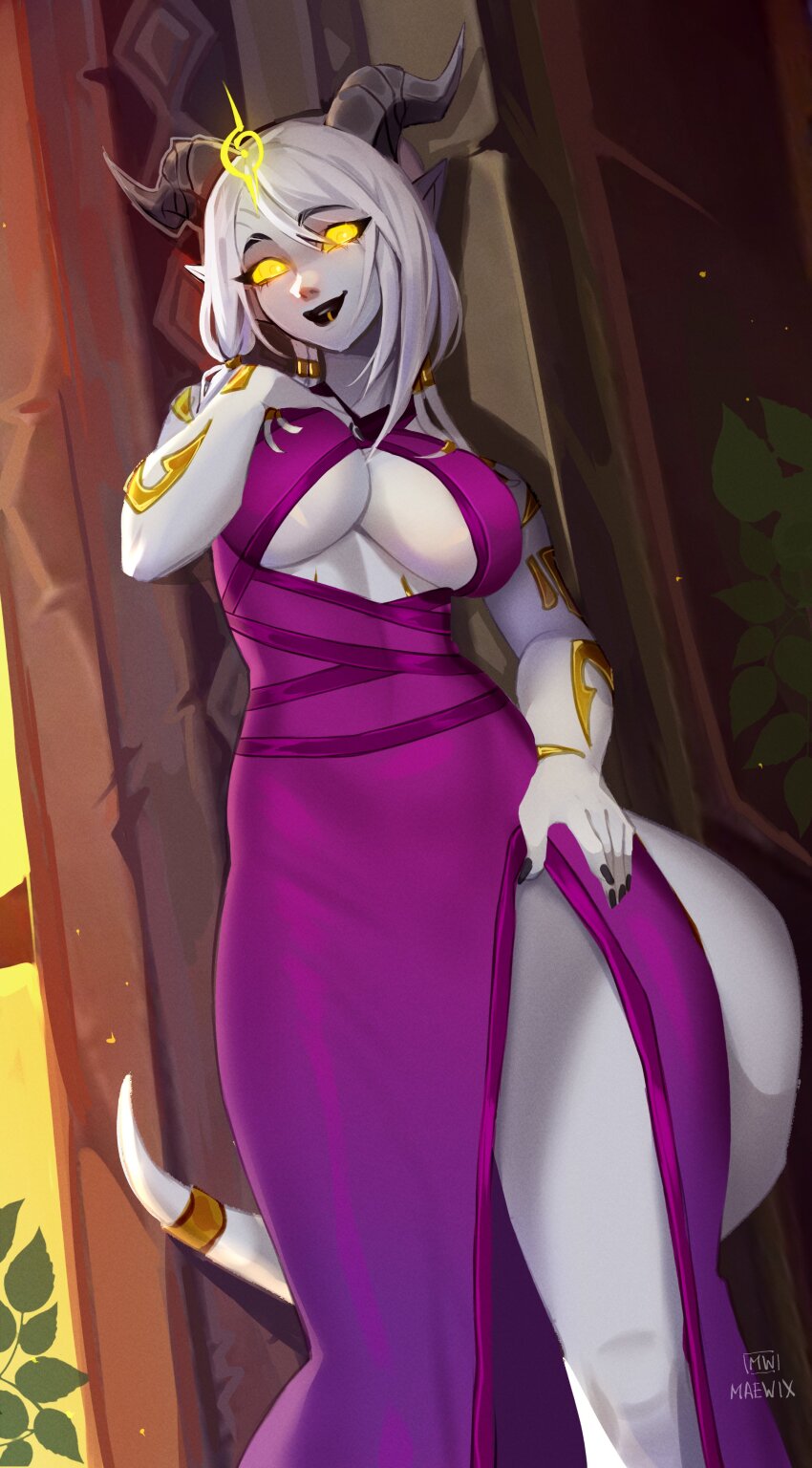 1girl, absurdres, artist_name, black_lips, black_nails, breasts, cleavage_cutout, clothing_cutout, colored_skin, draenei, dragon_horns, dress, empty_eyes, face_piercing, glowing, glowing_eyes, hand_on_own_chest, highres, horns, large_breasts, lightforged_draenei, lip_piercing, lip_ring, long_hair, looking_at_viewer, maewix_(artist), piercing, pointy_ears, purple_dress, side_slit, smile, solo, tail, tail_ornament, tail_ring, underboob, warcraft, white_hair, white_skin, world_of_warcraft, yellow_eyes