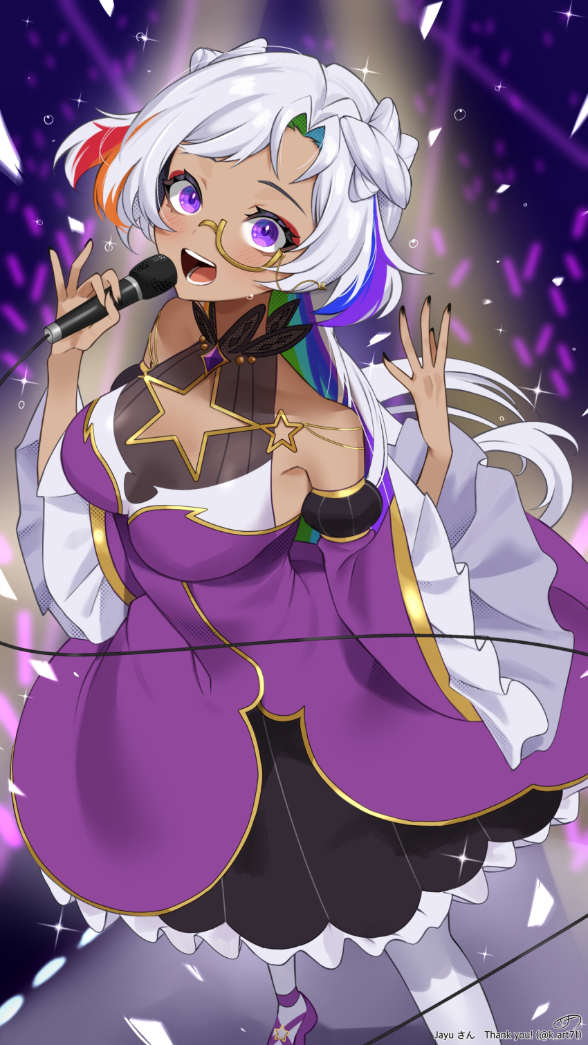 1girl, black_nails, breasts, brooch, clothing_cutout, colored_inner_hair, cone_hair_bun, dark-skinned_female, dark_skin, detached_sleeves, dress, frilled_sleeves, frills, gold_trim, grey_hair, hair_bun, highres, holding, holding_microphone, idol, idol_clothes, indie_virtual_youtuber, jayu_hime, jewelry, k_(art71), medium_breasts, microphone, monocle, multicolored_hair, open_mouth, purple_dress, purple_eyes, purple_footwear, purple_sleeves, rainbow_hair, sleeveless, sleeveless_dress, solo, star_(symbol), star_cutout, star_in_eye, streaked_hair, symbol_in_eye, thank_you, thighhighs, twitter_username, virtual_youtuber, white_thighhighs, wide_sleeves