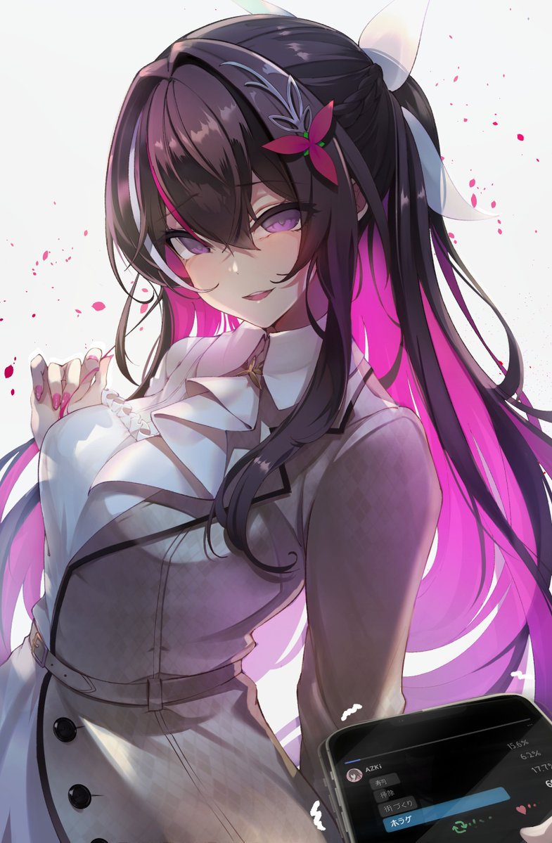 1girl, ascot, asymmetrical_dress, azki_(4th_costume)_(hololive), azki_(hololive), belt, black_hair, blush, bow, braid, breasts, brown_belt, brown_jacket, buttons, collared_dress, colored_inner_hair, commentary_request, cowboy_shot, double-parted_bangs, dress, empty_eyes, flower, geoguessr, hair_between_eyes, hair_bow, hair_flower, hair_intakes, hair_ornament, hairclip, half_up_half_down_braid, half_updo, hololive, jacket, long_hair, looking_at_viewer, medium_breasts, multicolored_hair, nail_polish, official_alternate_costume, official_alternate_hair_length, official_alternate_hairstyle, omoti_(1201208), parted_lips, pink_hair, pink_nails, ponytail, purple_eyes, ringed_eyes, short_ponytail, sidelocks, simple_background, smile, solo_focus, standing, streaked_hair, virtual_youtuber, white_ascot, white_background, white_bow, white_dress, white_hair, yandere