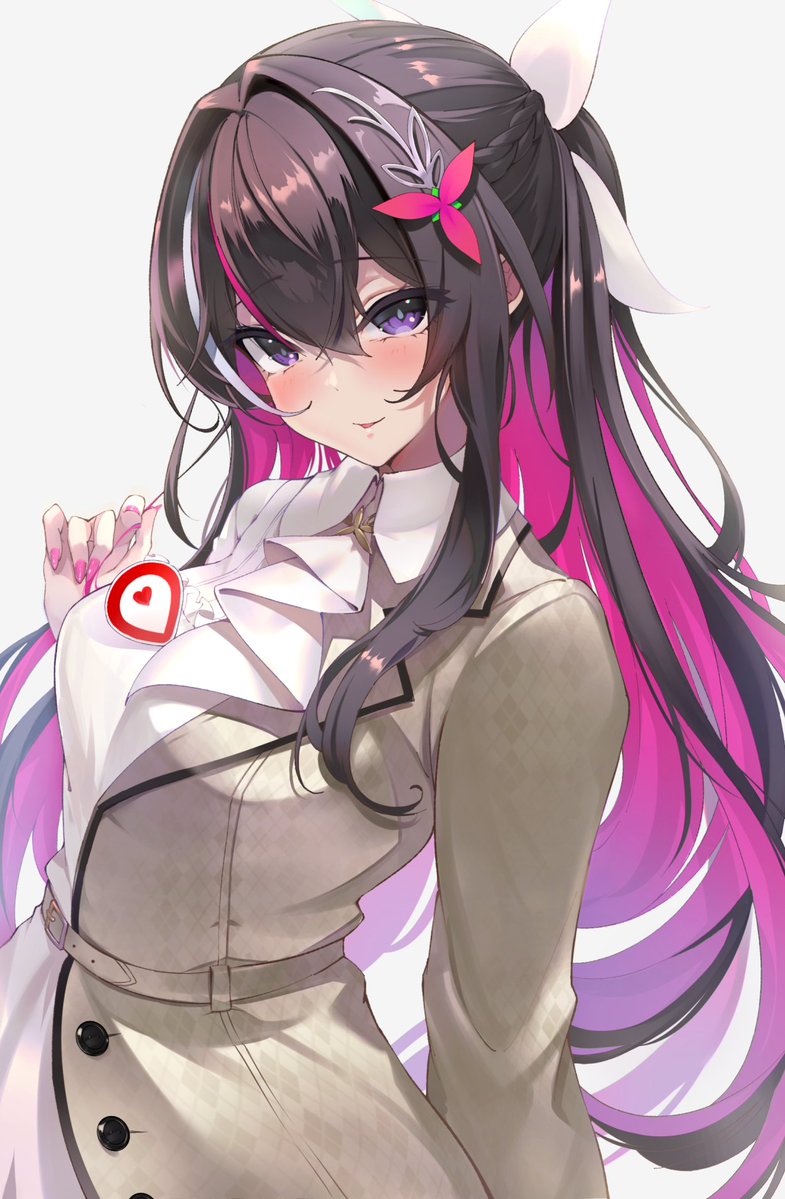 1girl, ascot, asymmetrical_dress, azki_(4th_costume)_(hololive), azki_(hololive), belt, between_breasts, black_hair, blush, bow, braid, breasts, brown_belt, brown_jacket, buttons, collared_dress, colored_inner_hair, commentary_request, cowboy_shot, double-parted_bangs, dress, flower, geoguessr, hair_between_eyes, hair_bow, hair_flower, hair_intakes, hair_ornament, hairclip, half_up_half_down_braid, half_updo, hololive, jacket, long_hair, looking_at_viewer, map_pin, medium_breasts, multicolored_hair, nail_polish, official_alternate_costume, official_alternate_hair_length, official_alternate_hairstyle, omoti_(1201208), parted_lips, pink_hair, pink_nails, ponytail, purple_eyes, short_ponytail, sidelocks, simple_background, smile, solo, standing, streaked_hair, virtual_youtuber, white_ascot, white_background, white_bow, white_dress, white_hair