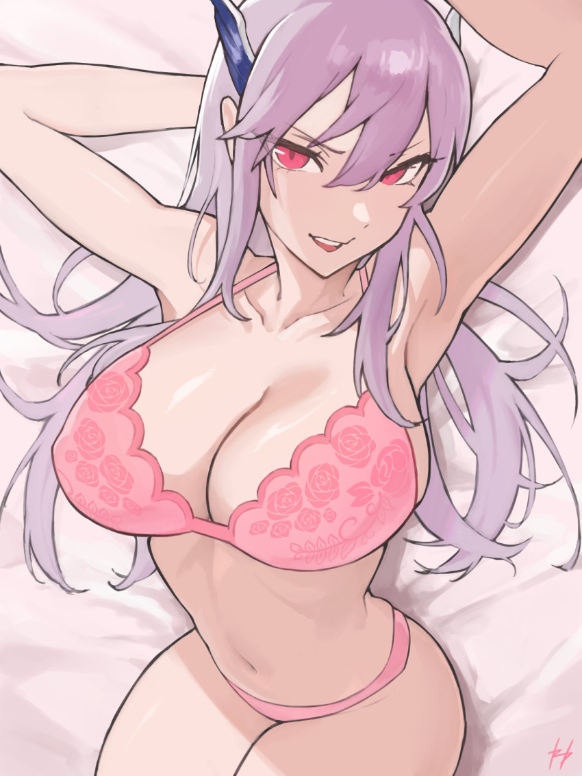1girl, bed, bra, breasts, cleavage, fukuya_art, hair_between_eyes, highres
