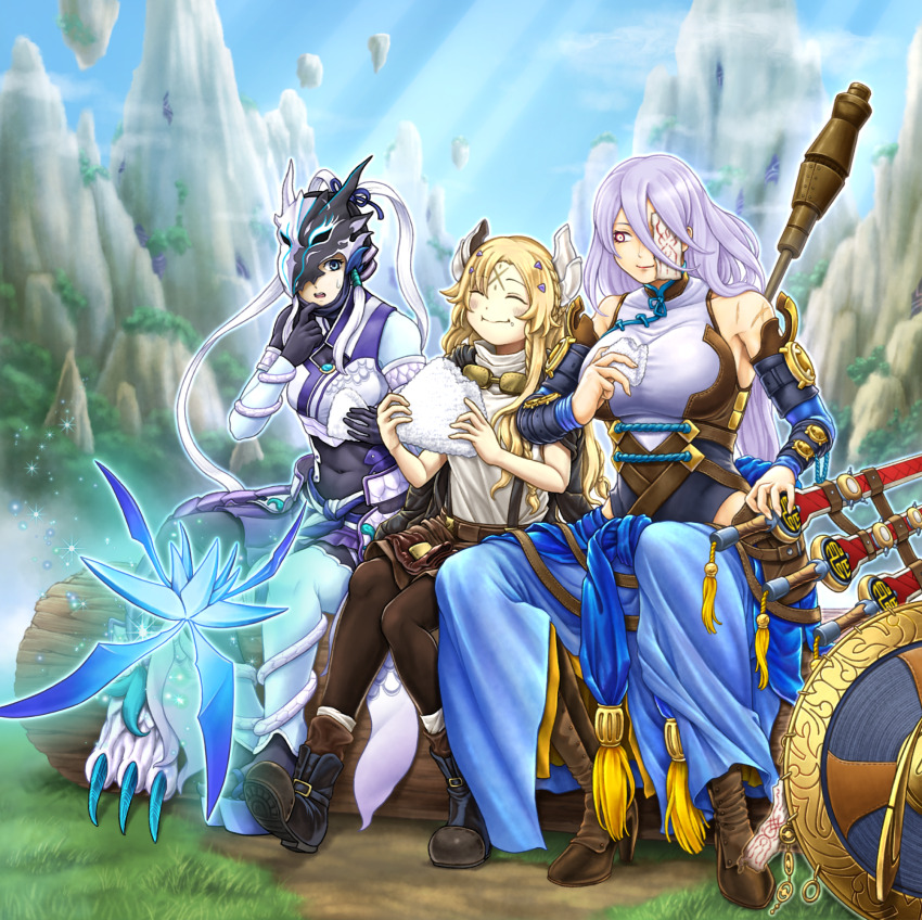 3girls, artist_name, artist_request, baggy_pants, black_bodysuit, blonde_hair, bodysuit, boots