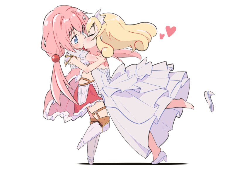 2girls, aly_(eshikidori), armor, bikini_armor, blonde_hair, blue_eyes, blush, closed_eyes