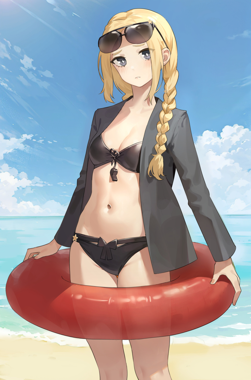 1girl, absurdres, beach, bikini, black_bikini, black_jacket, blonde_hair, blue_sky