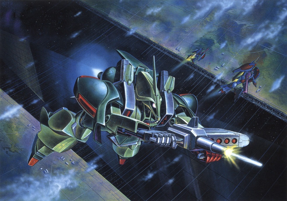 1980s_(style), battle, beam_rifle, box_art, cityscape, cloud, debris, energy_beam