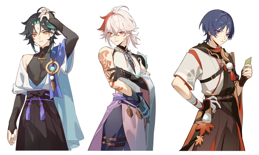 3boys, absurdres, arm_tattoo, bandages, bead_necklace, beads, black_gloves, black_hair