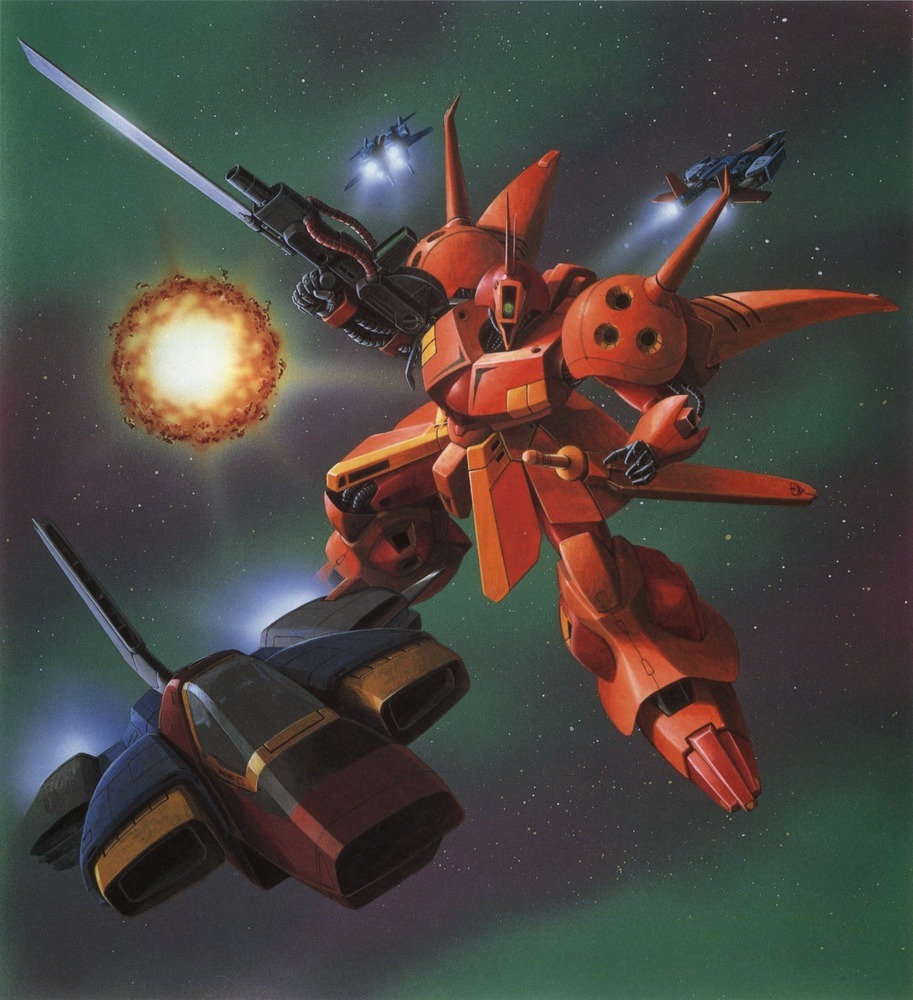 1980s_(style), battle, bayonet, beam_rifle, box_art, cable, earth_federation, energy_gun, explosion, gundam, gundam_zz, machinery, masuo_ryukoh, mecha, milky_way, mobile_suit, nebula, neo_zeon, no_humans, official_art, oldschool, one-eyed, painting_(medium), r-jarja, retro_artstyle, robot, scan, science_fiction, space, spacecraft, star_(sky), star_(symbol), starfighter, starry_sky_background, sword, thrusters, traditional_media, weapon