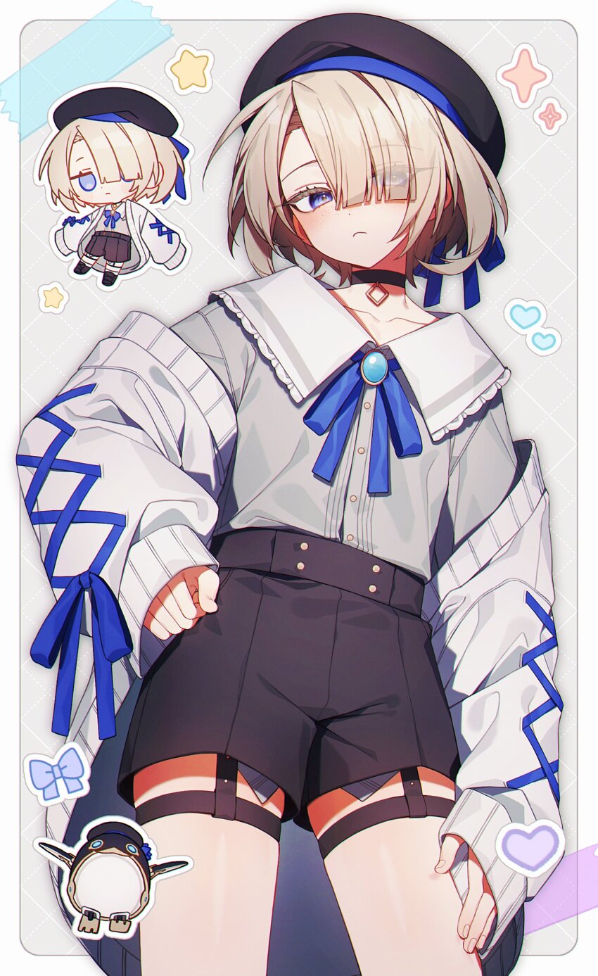 1boy, absurdres, alternate_costume, beret, black_choker, black_shorts, blonde_hair, blue_eyes