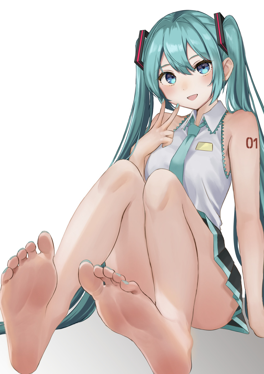 1girl, absurdres, aqua_hair, aqua_nails, arm_support, bare_legs, bare_shoulders, barefoot, black_skirt, blue_eyes, breasts, collared_shirt, convenient_leg, feet, foot_focus, foreshortening, full_body, hair_between_eyes, hair_ornament, hand_up, hatsune_miku, highres, knees_together_feet_apart, knees_up, legs, long_hair, looking_at_viewer, meruko-san, miniskirt, nail_polish, open_mouth, pleated_skirt, shirt, simple_background, sitting, skirt, sleeveless, sleeveless_shirt, small_breasts, soles, solo, toenail_polish, toenails, toes, twintails, v, very_long_hair, vocaloid, white_background