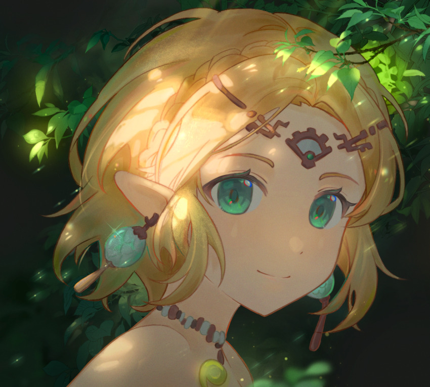 1girl, blonde_hair, blurry, braid, branch, chromatic_aberration, circlet, closed_mouth, crown_braid, dappled_sunlight, depth_of_field, dhsauce, dot_nose, earrings, floating_earrings, green_eyes, jewelry, leaf, looking_at_viewer, magatama, magatama_necklace, necklace, nintendo, outdoors, parted_bangs, pointy_ears, portrait, princess_zelda, shade, short_hair, smile, solo, sunlight, the_legend_of_zelda, the_legend_of_zelda:_tears_of_the_kingdom